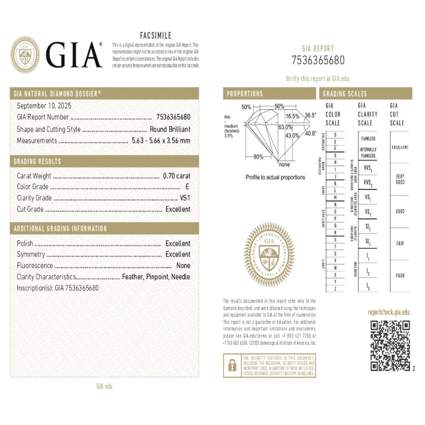0.70 WEIGHT - E COLOR - VS1 CLARITY - EX - EX - N - 7536365680 GIA - 100727