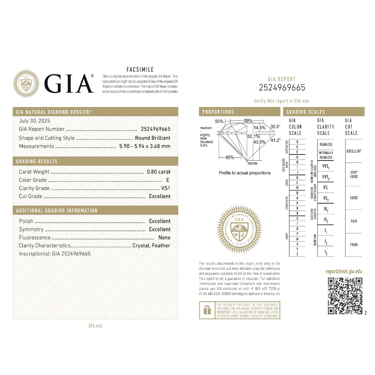 0.80 WEIGHT - E COLOR - VS1 CLARITY - EX - EX - N - 2524969665 GIA - 100728