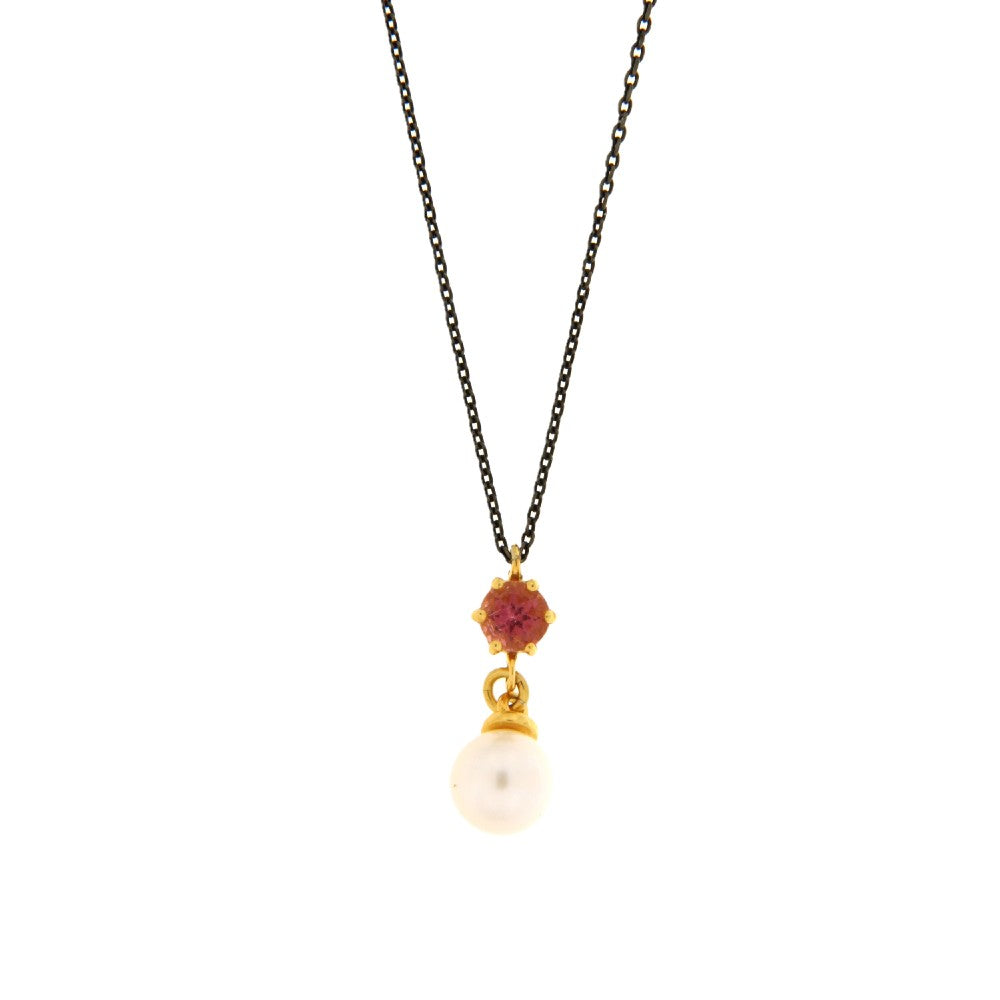 NECKLACE GOLD 585 & PEARL & SEMIPRECIOUS STONE & SILVER CHAIN - 92833