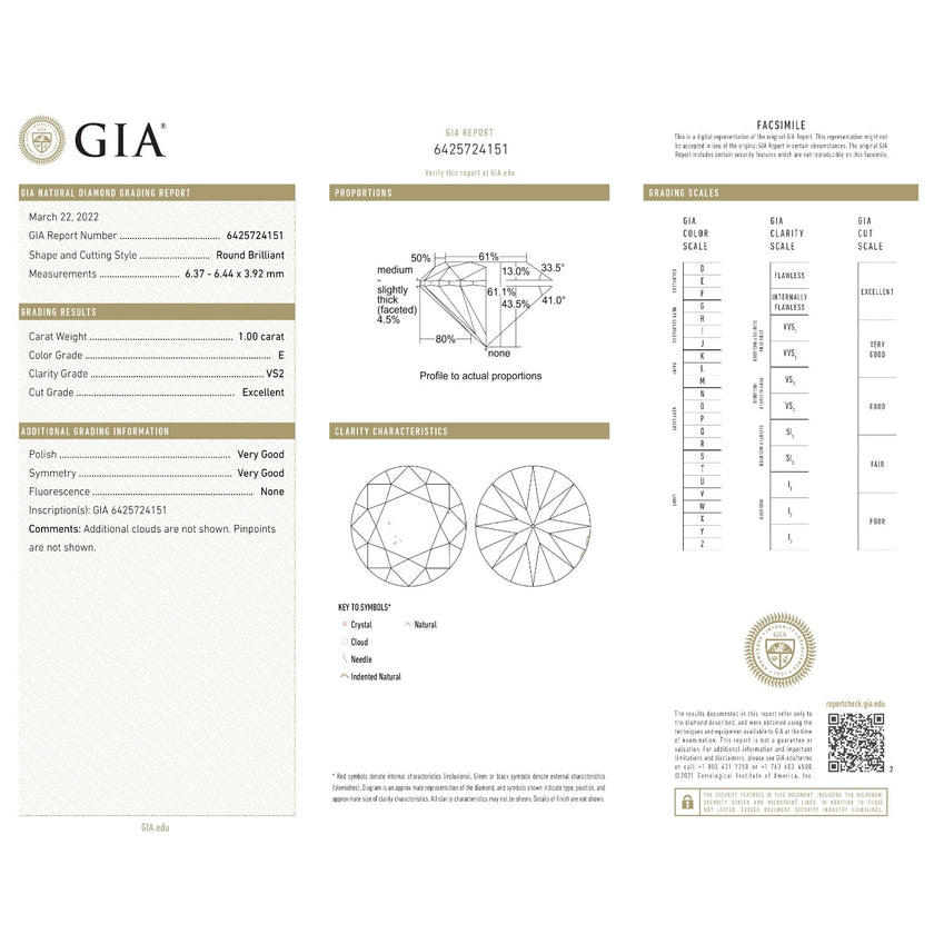 1.0 WEIGHT - E COLOR - VS2 CLARITY - EX - VG - VG - N - 6425724151 GIA - 95705