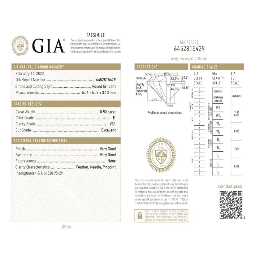 0.50 WEIGHT - E COLOR - VS1 CLARITY - EX - VG - VG - N - 6452815429 GIA - 99944