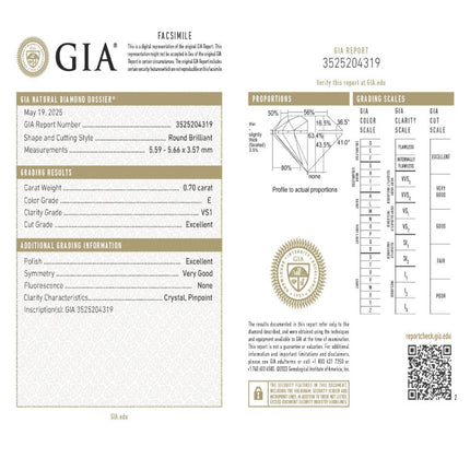 0.70 WEIGHT - E COLOR - VS1 CLARITY - EX - VG - N - 3525204319 GIA - 100168