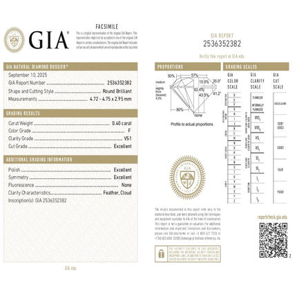 0.40 WEIGHT - F COLOR - VS1 CLARITY - EX - EX - N - 2536352382 GIA - 100725