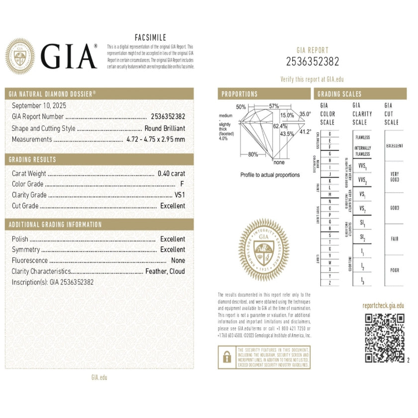 0.40 WEIGHT - F COLOR - VS1 CLARITY - EX - EX - N - 2536352382 GIA - 100725