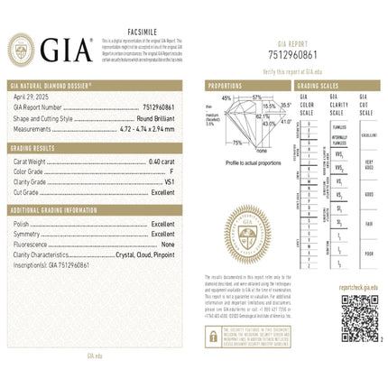 0.40 WEIGHT - F COLOR - VS1 CLARITY - EX - EX - N - 7512960861 GIA - 100726