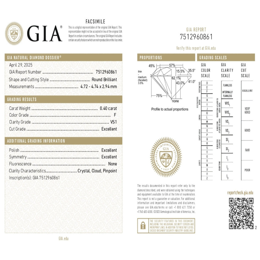 0.40 WEIGHT - F COLOR - VS1 CLARITY - EX - EX - N - 7512960861 GIA - 100726
