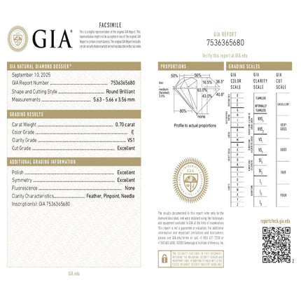 0.70 WEIGHT - E COLOR - VS1 CLARITY - EX - EX - N - 7536365680 GIA - 100727