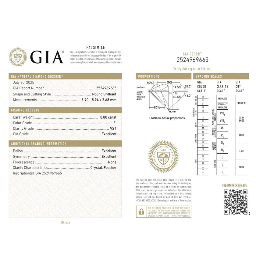 0.80 WEIGHT - E COLOR - VS1 CLARITY - EX - EX - N - 2524969665 GIA - 100728