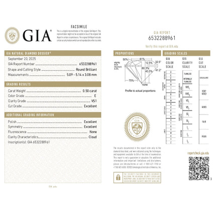 0.50 WEIGHT - E COLOR - VS1 CLARITY - EX - EX - N - 6532288961  GIA - 101016
