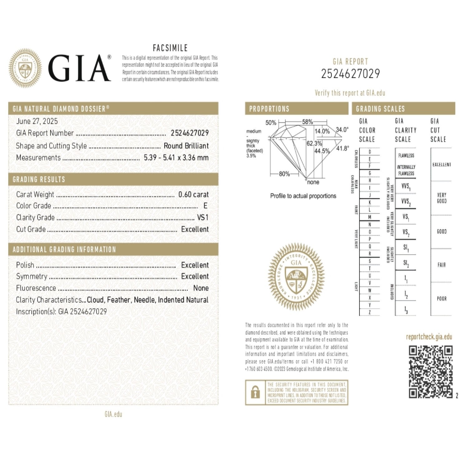 0.60 WEIGHT - E COLOR - VS1 CLARITY - EX - EX - N - 2524627029   GIA - 101017