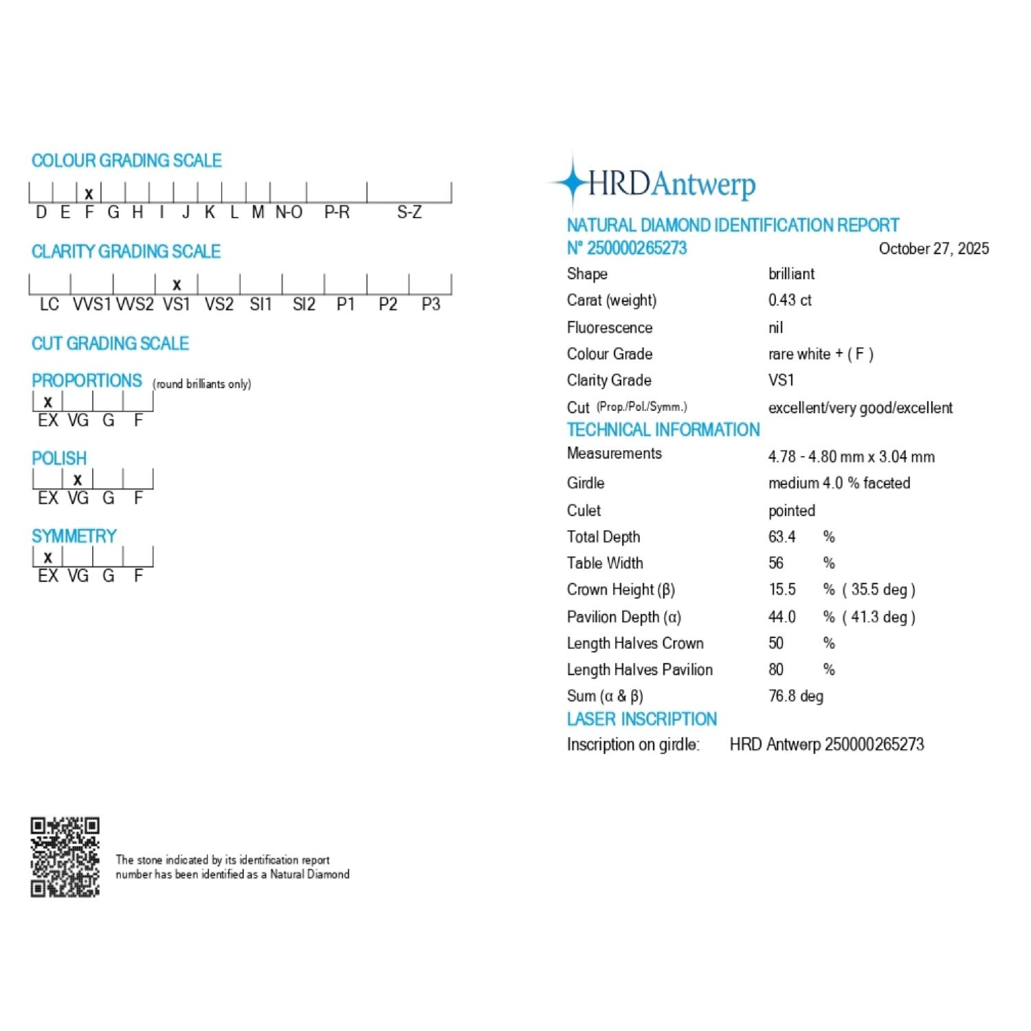 0.43 WEIGHT - F COLOR - VS1 CLARITY - EX -VG - EX - 250000265273 HRD - 101020