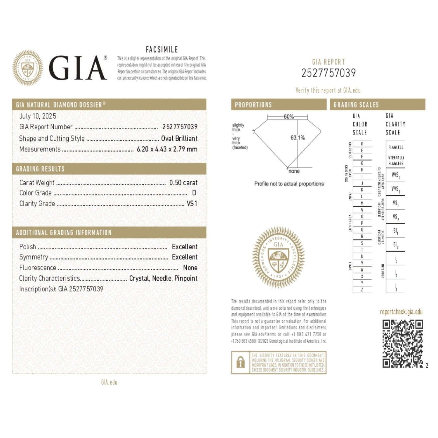 0.50 WEIGHT - D COLOR - VS1 CLARITY - EX - EX - N - 2527757039 GIA - 101681 - Availability: Immediately