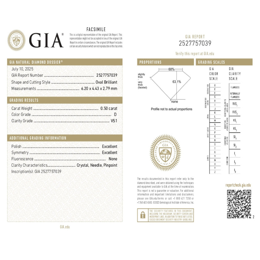 0.50 WEIGHT - D COLOR - VS1 CLARITY - EX - EX - N - 2527757039 GIA - 101681 - Availability: Immediately