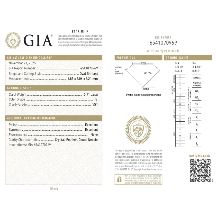 0.71 WEIGHT - E COLOR - VS1 CLARITY - EX - EX - N - 6541070969 GIA - 101682 - Availability: Immediately