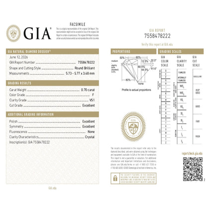 0.70 WEIGHT - F COLOR - VS1 CLARITY - 3EX - N - 7558478222  GIA - 102151 - Availability: Immediately