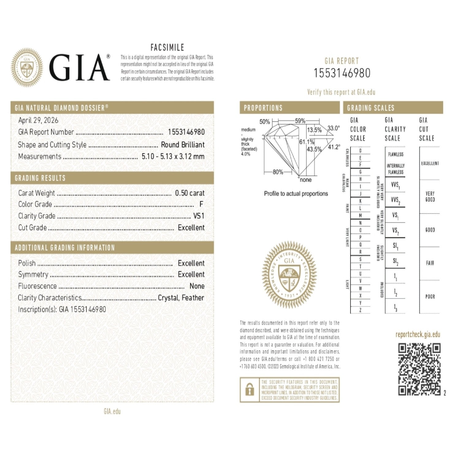 0.50 WEIGHT - F COLOR - VS1 CLARITY - 3EX- N - 1553146980  GIA - 102548 - Availability: Immediately