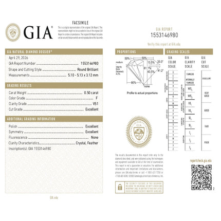 0.50 WEIGHT - F COLOR - VS1 CLARITY - 3EX- N - 1553146980  GIA - 102548 - Availability: Immediately