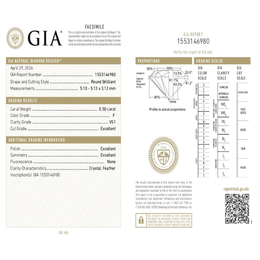 0.50 WEIGHT - F COLOR - VS1 CLARITY - 3EX- N - 1553146980  GIA - 102548 - Availability: Immediately