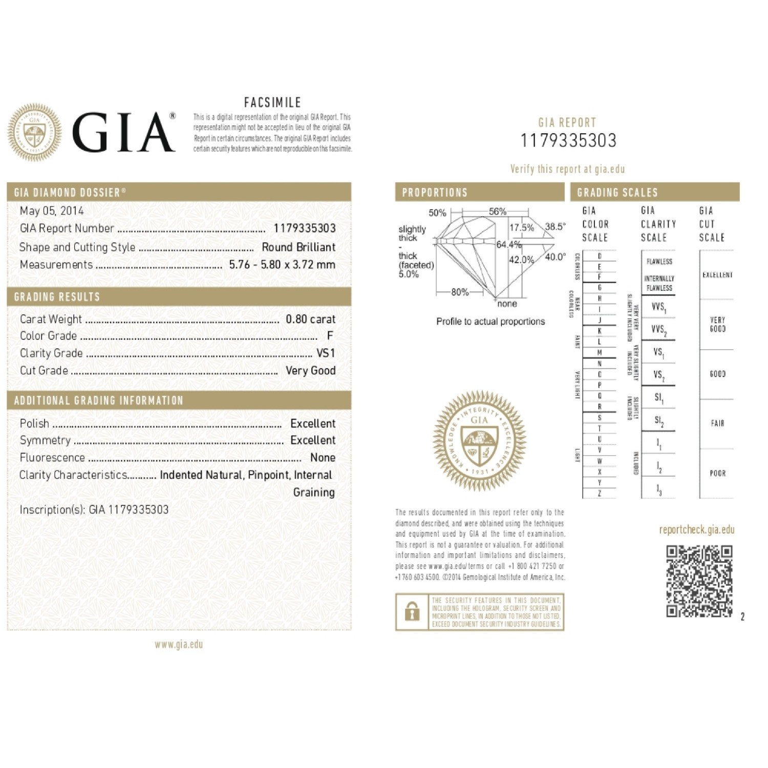 0.80 WEIGHT - F COLOR - VS1 CLARITY - VG - EX- EX - N - 1179335303 GIA - 89950 - Availability: Immediately