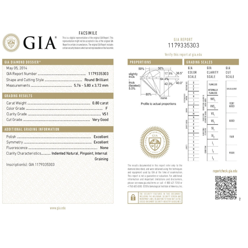 0.80 WEIGHT - F COLOR - VS1 CLARITY - VG - EX- EX - N - 1179335303 GIA - 89950 - Availability: Immediately