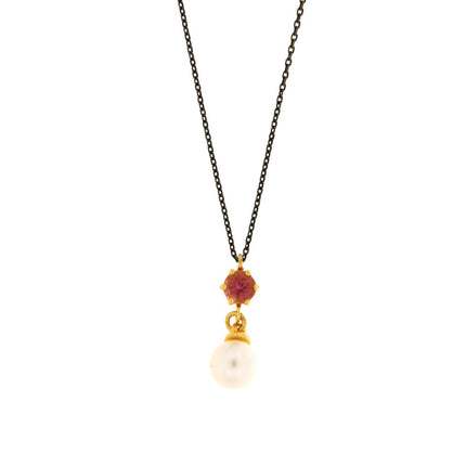 NECKLACE  GOLD 585 & PEARL & SEMIPRECIOUS STONE & SILVER CHAIN - 92833