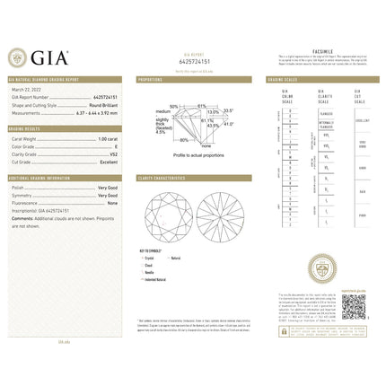1.0 WEIGHT - E COLOR - VS2 CLARITY - EX - VG - VG - N - 6425724151 GIA - 95705