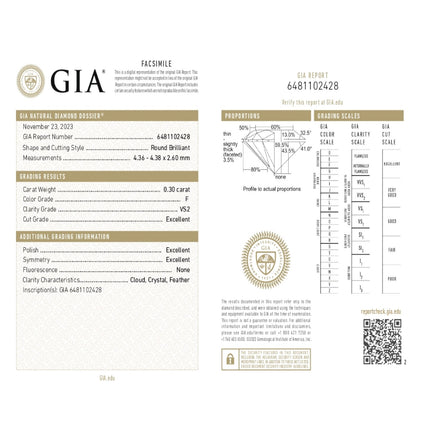 0.30ct WEIGHT - F COLOR - VS2 CLARITY - EX - VG - VG - N - 6481102428 GIA - 96370