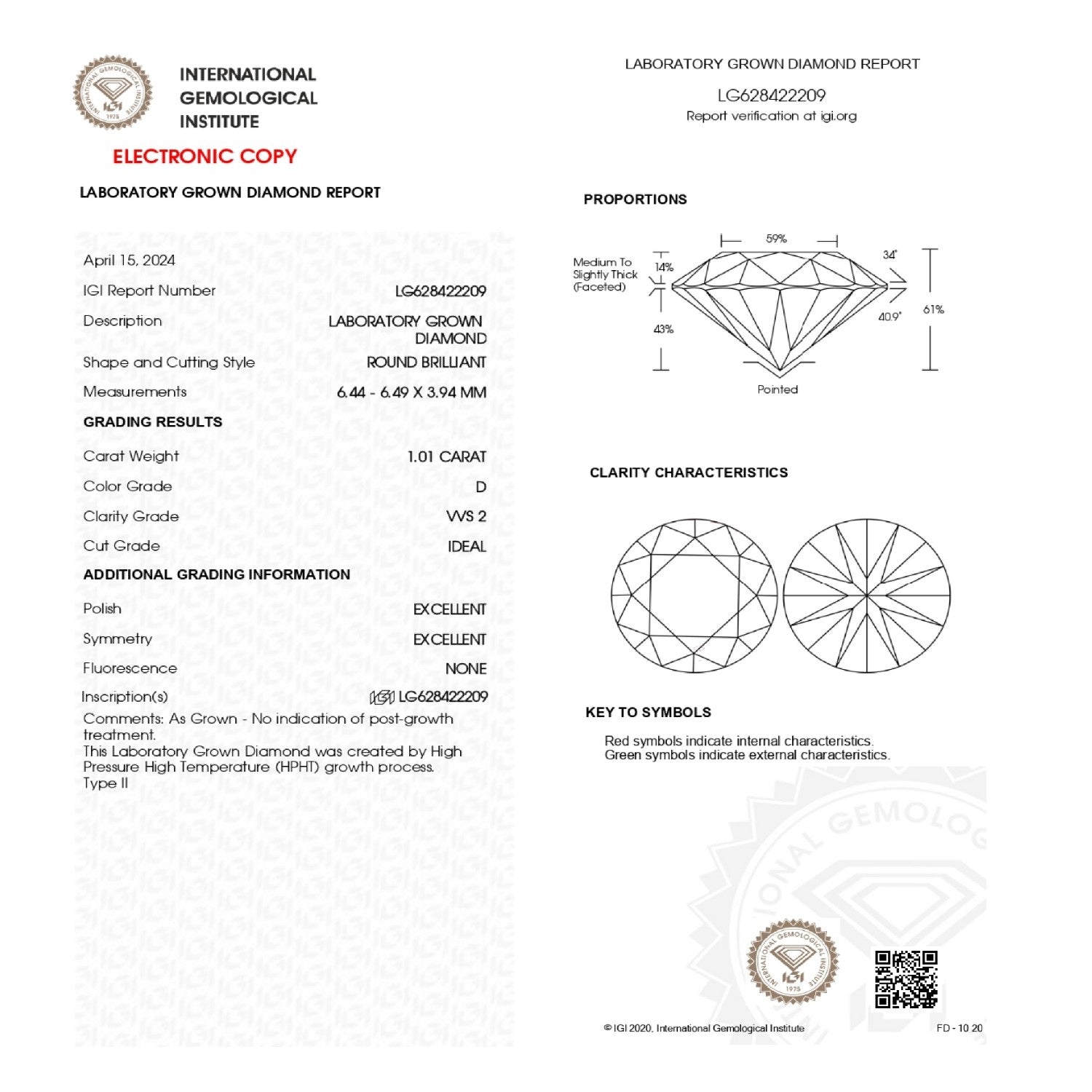LAB GROWN DIAMOND 1.01ct / D / VVS2 / IGI No: LG628422209 - 97248