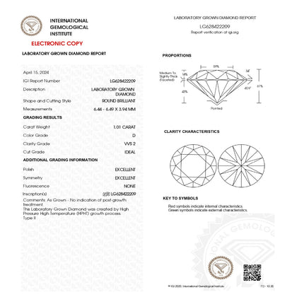 LAB GROWN DIAMOND 1.01ct / D / VVS2 / IGI No: LG628422209 - 97248