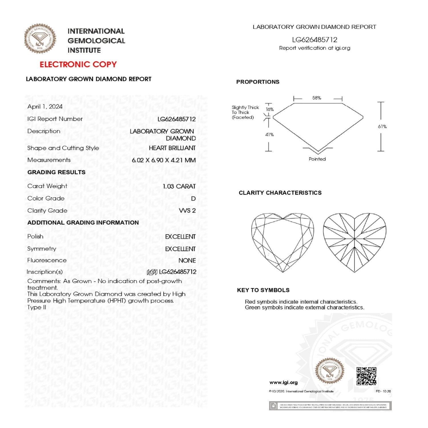 LAB GROWN DIAMOND HEART 1.03ct / D / VVS2 / IGI No: LG626485712 - 97250