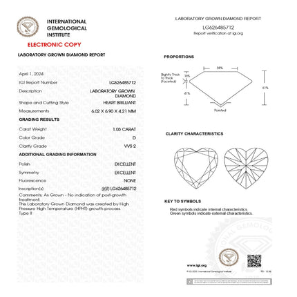 LAB GROWN DIAMOND HEART 1.03ct / D / VVS2 / IGI No: LG626485712 - 97250