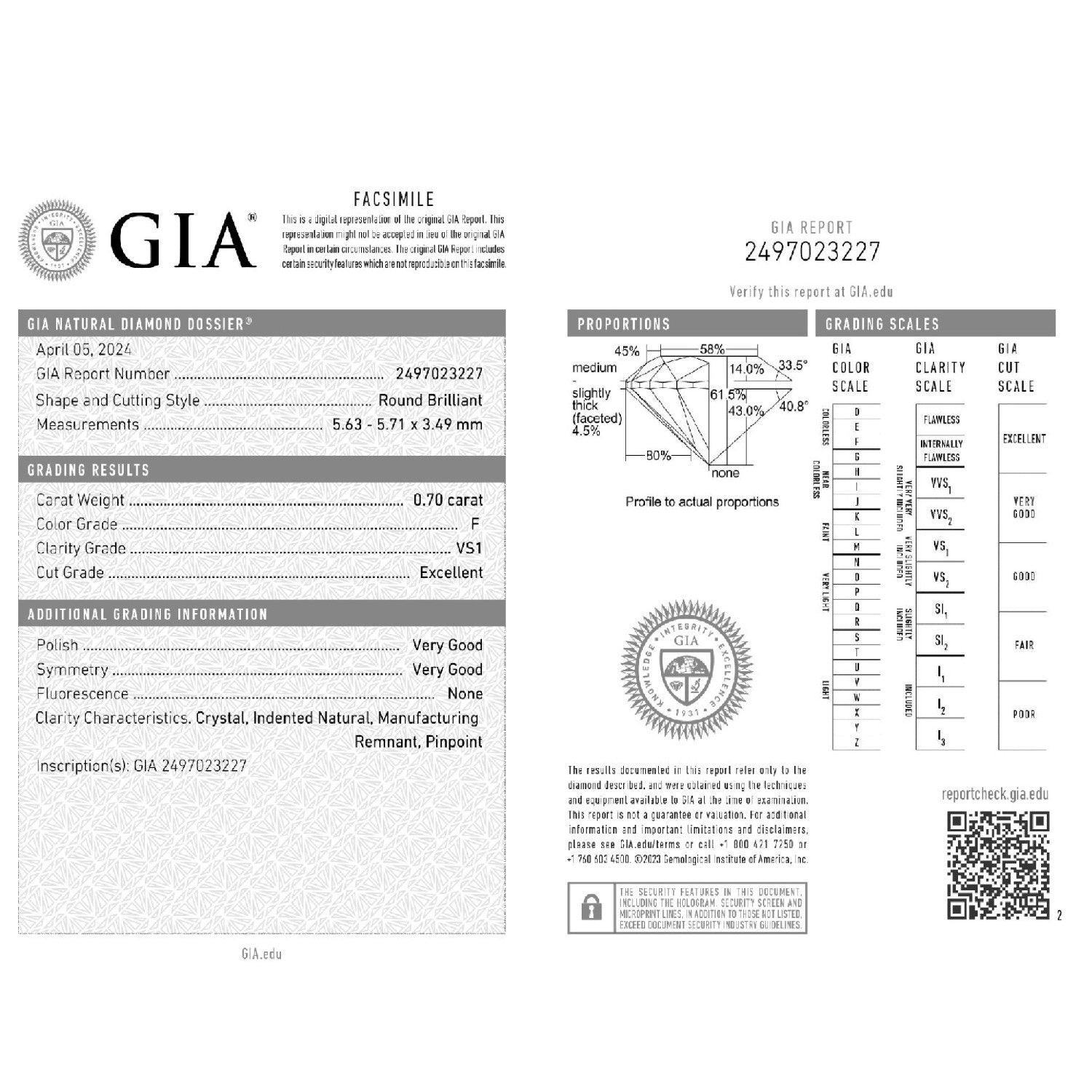 0.70ct WEIGTH - F COLOR - VS1 CLARITY - EX - VG - VG - N - 5493224634 GIA - 98324