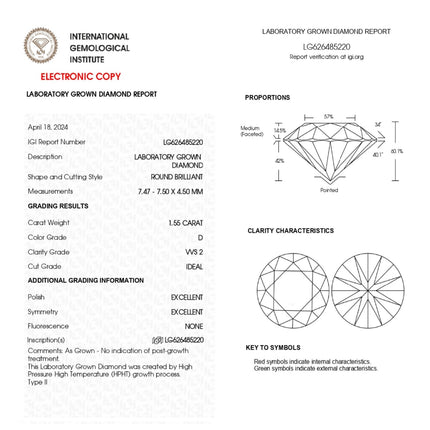 LAB GROWN DIAMOND 1.55ct / D / VVS2 / IGI No: LG626485220 - 99903
