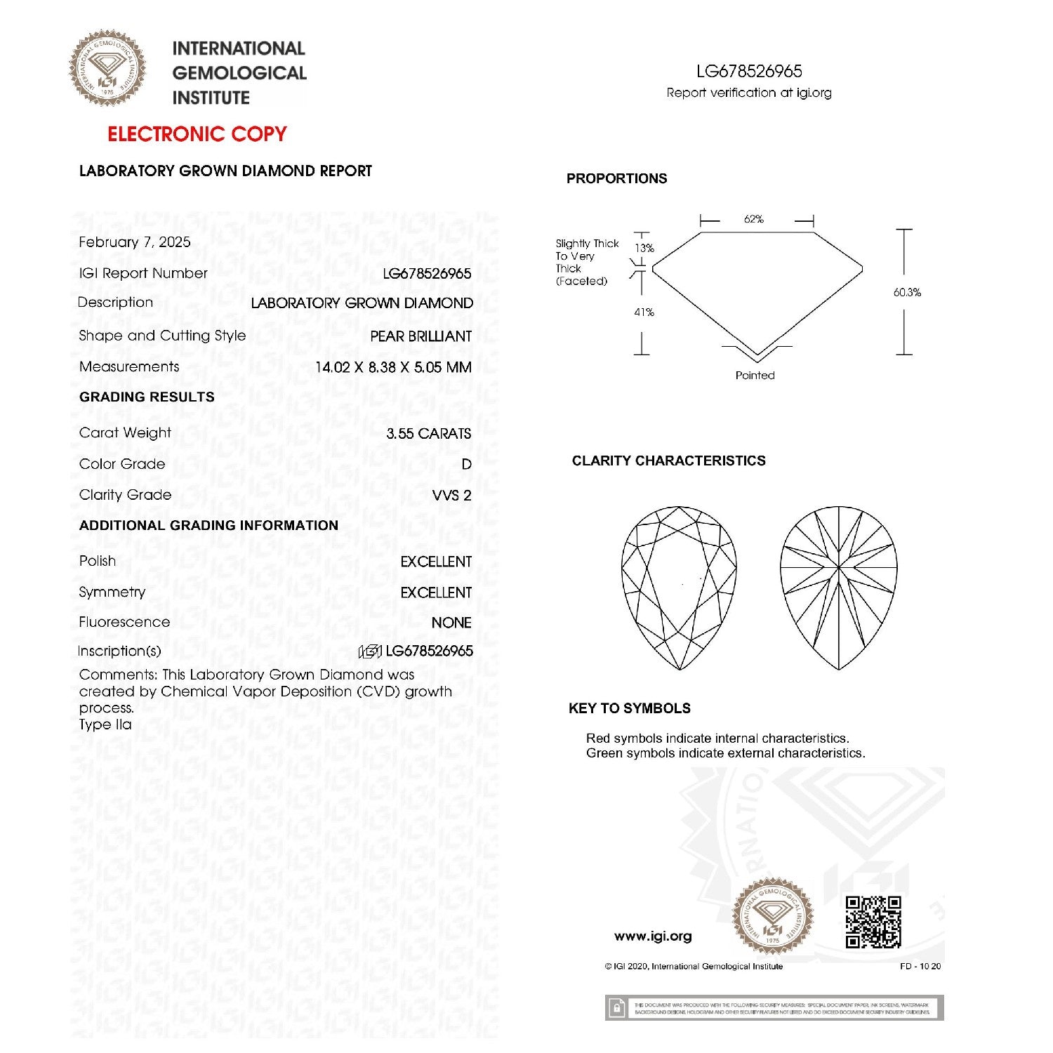 LAB GROWN DIAMOND 3.55ct / D / VVS2 / IGI No: LG678526965 - 99905